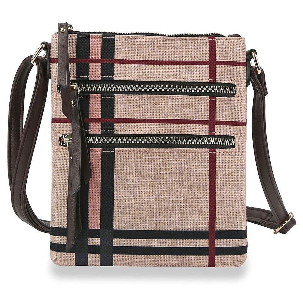 Plaid Print Front Pocket Crossbody Sling Multipurpose School Travel Shoulder Bag